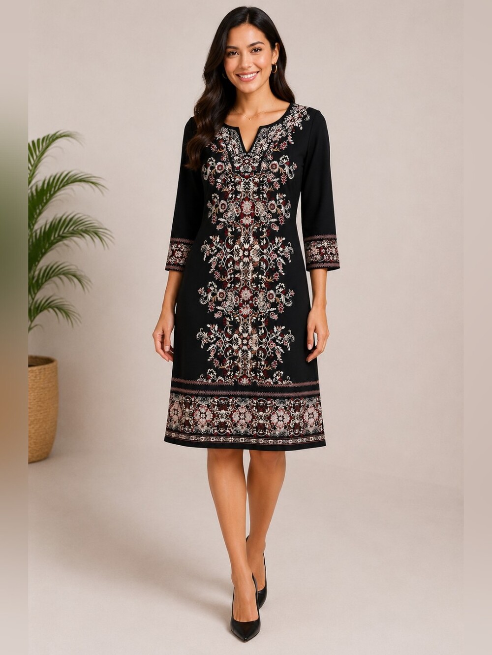 White House Black Market Embellished Floral Shift Dress Small Boho Pleated Hem